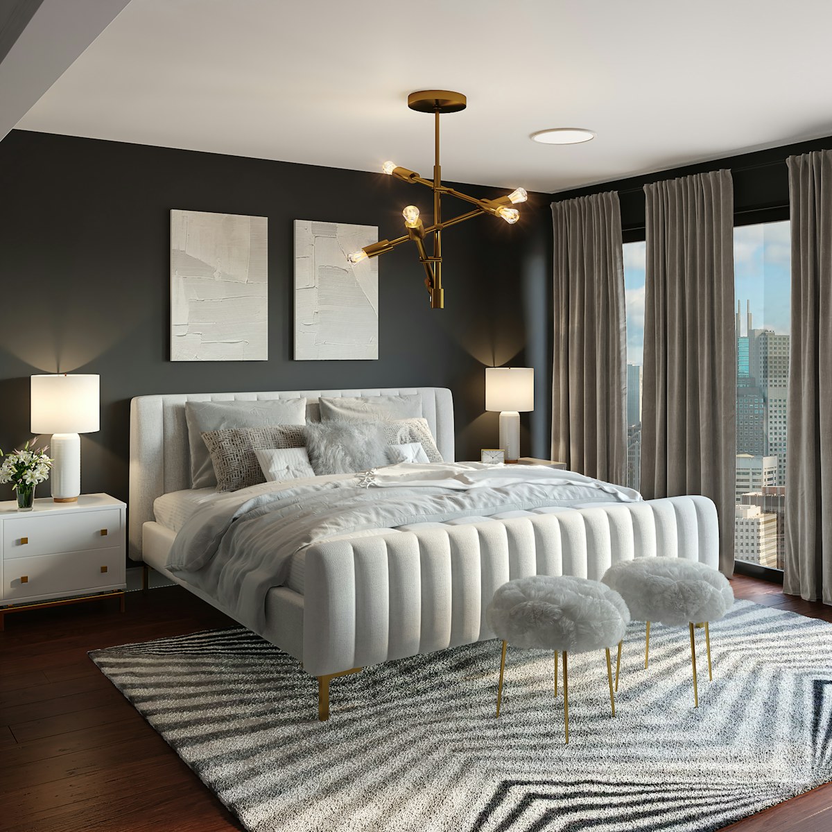Bright modern interior with designer sofa, arc lamp, and curated coffee table